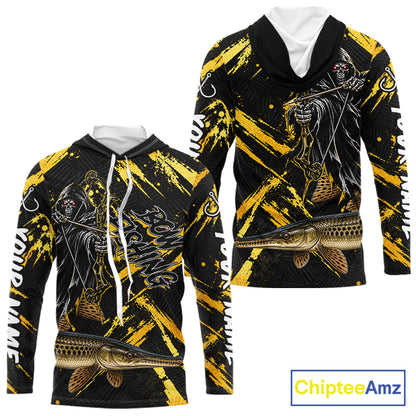 Alligator Gar Fishing Shirts Hoodeds Long Sleeve For Men, Grim Reaper Fishing Apparel, Bowfishing Gift NHT1379