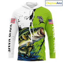 Load image into Gallery viewer, Green Camo Largemouth Bass Hooded Fishing Shirts Long Sleeve, Custom Big Bass Fishing Jerseys NHT481