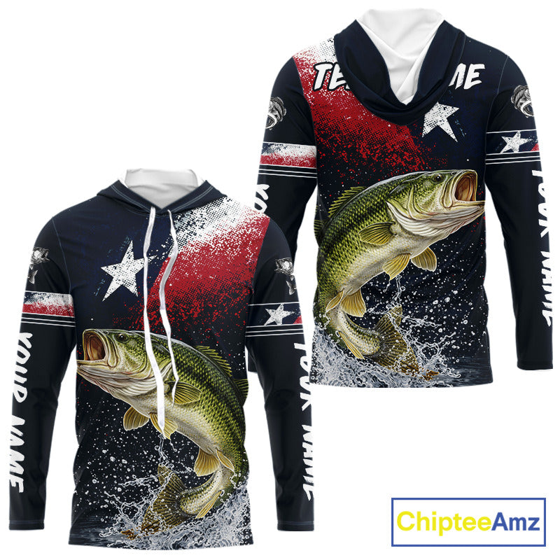 Custom Vintage Bass Long Sleeve Hooded Patriotic Fishing Shirt For Men, Bass Texas Flag Fishing Shirt NHT764