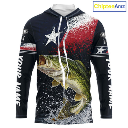 Custom Vintage Bass Long Sleeve Hooded Patriotic Fishing Shirt For Men, Bass Texas Flag Fishing Shirt NHT764