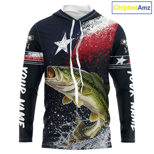Custom Vintage Bass Long Sleeve Hooded Patriotic Fishing Shirt For Men, Bass Texas Flag Fishing Shirt NHT764