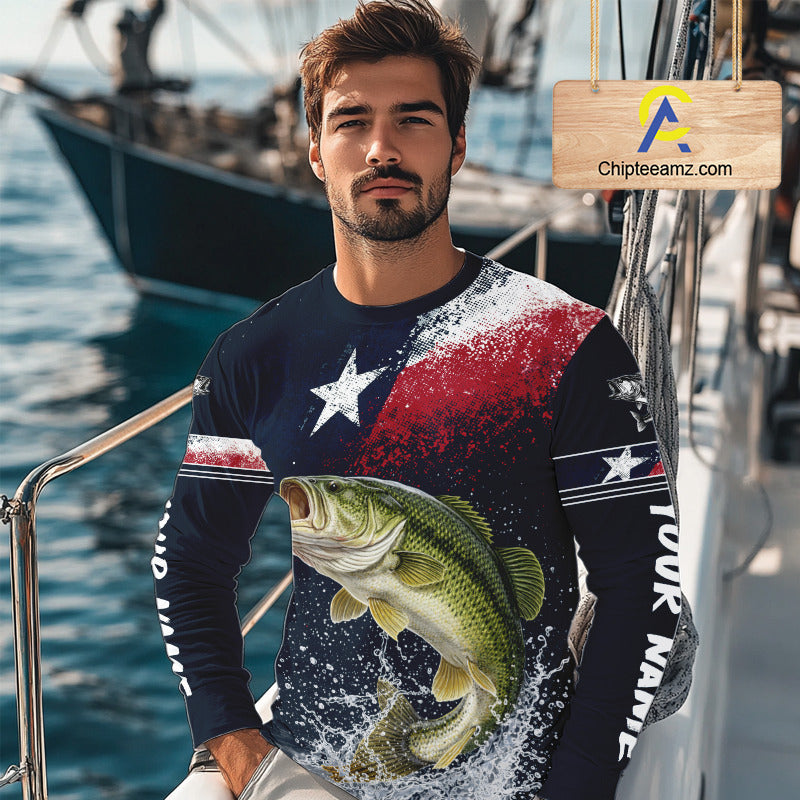 Custom Vintage Bass Long Sleeve Patriotic Fishing Shirt For Men, Bass Texas Flag Fishing Shirt NHT764