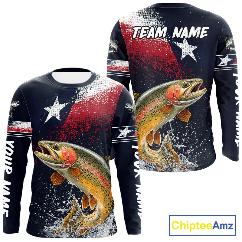 Custom Vintage Rainbow Trout Long Sleeve Patriotic Fishing Shirt For Men, Trout Texas Flag Fishing Shirt NHT766