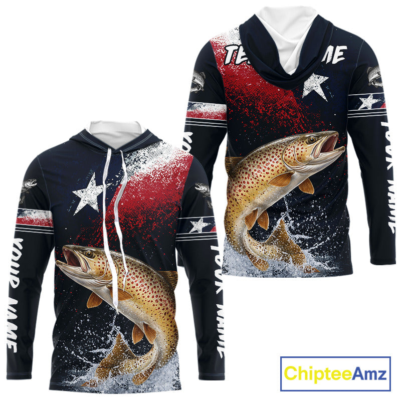 Custom Vintage Brown Trout Long Sleeve Hooded Patriotic Fishing Shirt For Men, Trout Texas Flag Fishing Shirt NHT767
