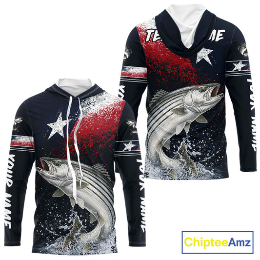 Custom Vintage Striped Bass Long Sleeve Hooded Patriotic Fishing Shirt For Men, Bass Texas Flag Fishing Shirt NHT768