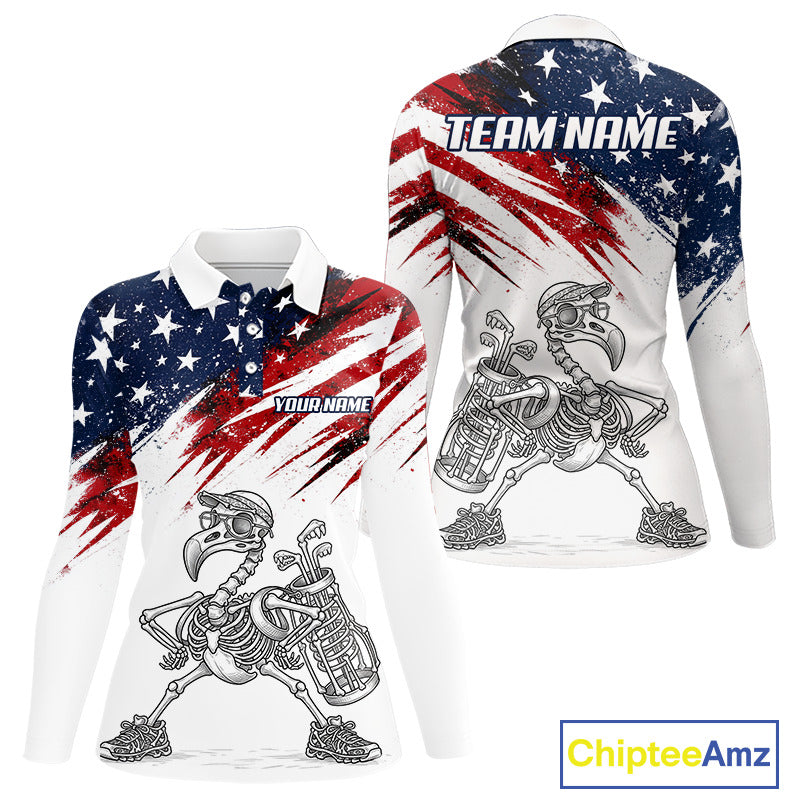 Patriotic Golf Polo Shirt – USA Flag Skull Flamingo Golfer Funny Golf Outfit For Womens NHT780