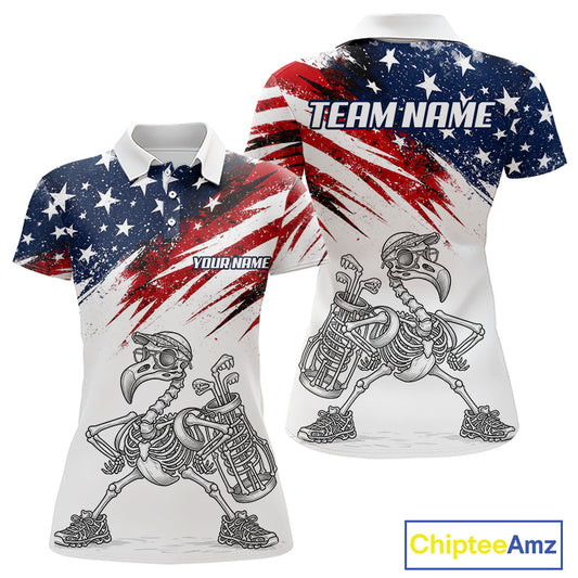 Patriotic Golf Polo Shirt – USA Flag Skull Flamingo Golfer Funny Golf Outfit For Womens NHT780