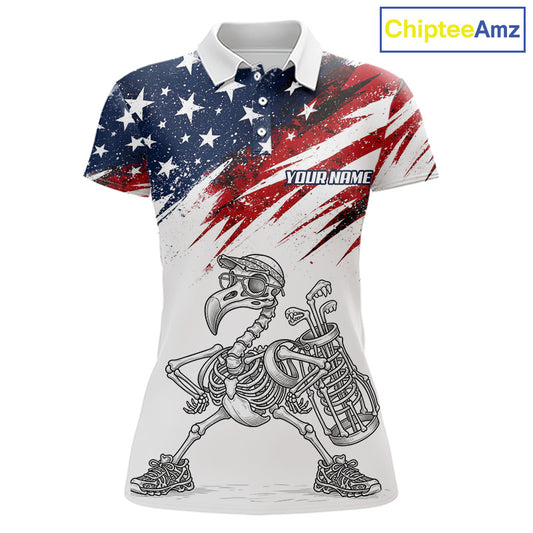 Patriotic Golf Polo Shirt – USA Flag Skull Flamingo Golfer Funny Golf Outfit For Womens NHT780