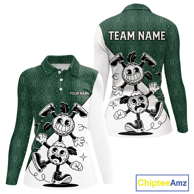 Green White Funny Golf Ball Pattern Womens Golf Polo Shirts Custom Golf Outfits Ladies, Green Golf Tops NHT784