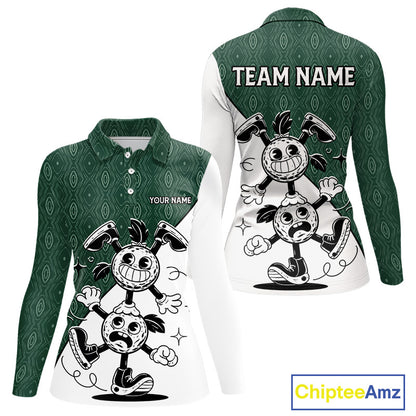 Green White Funny Golf Ball Pattern Womens Golf Polo Shirts Custom Golf Outfits Ladies, Green Golf Tops NHT784