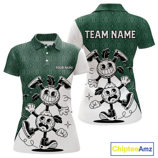 Green White Funny Golf Ball Pattern Womens Golf Polo Shirts Custom Golf Outfits Ladies, Green Golf Tops NHT784