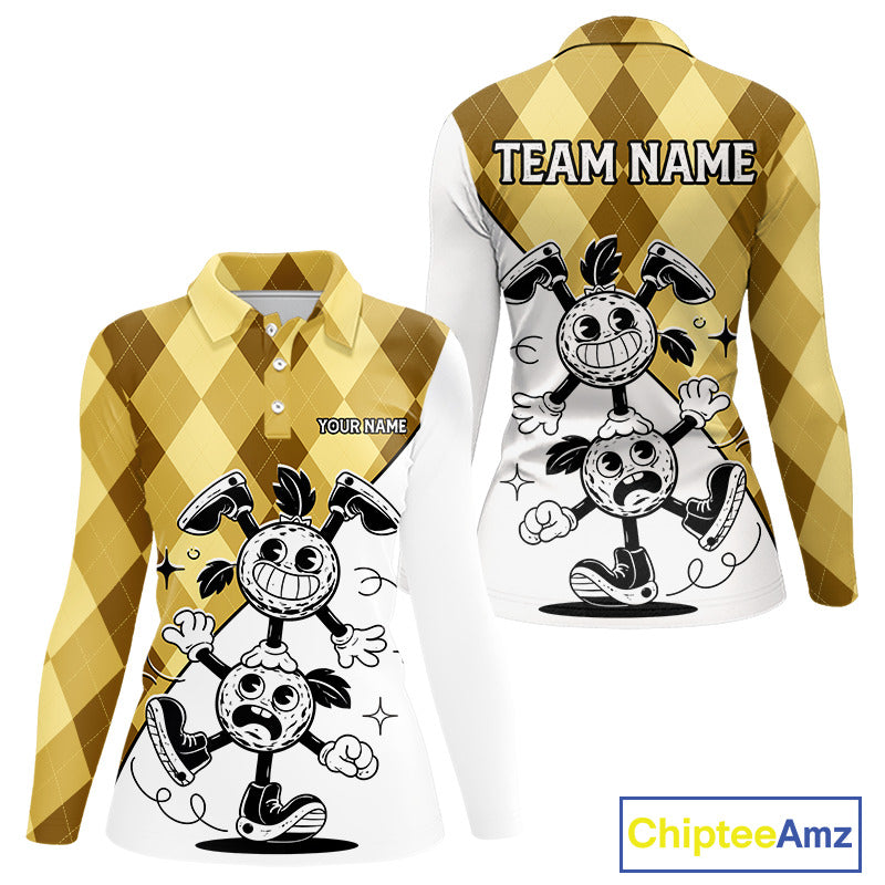Funny Golf Ball Pattern Argyle Womens Golf Polo Shirts Custom Golf Outfits Ladies, Green Golf Tops NHT786
