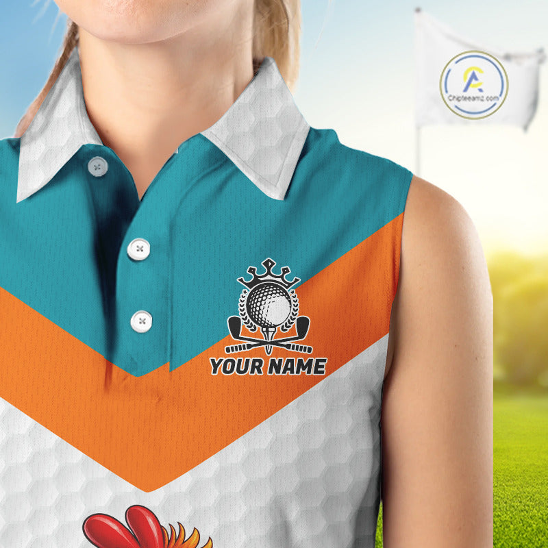 Personalized Cool Rooster With Sunglasses Womens Sleeveless Golf Polo - Custom Name Funny Chicken Golf Shirt NHT954