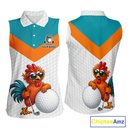 Personalized Cool Rooster Womens Sleeveless Golf Polo Shirt  Custom Name Funny Chicken Golf Shirt