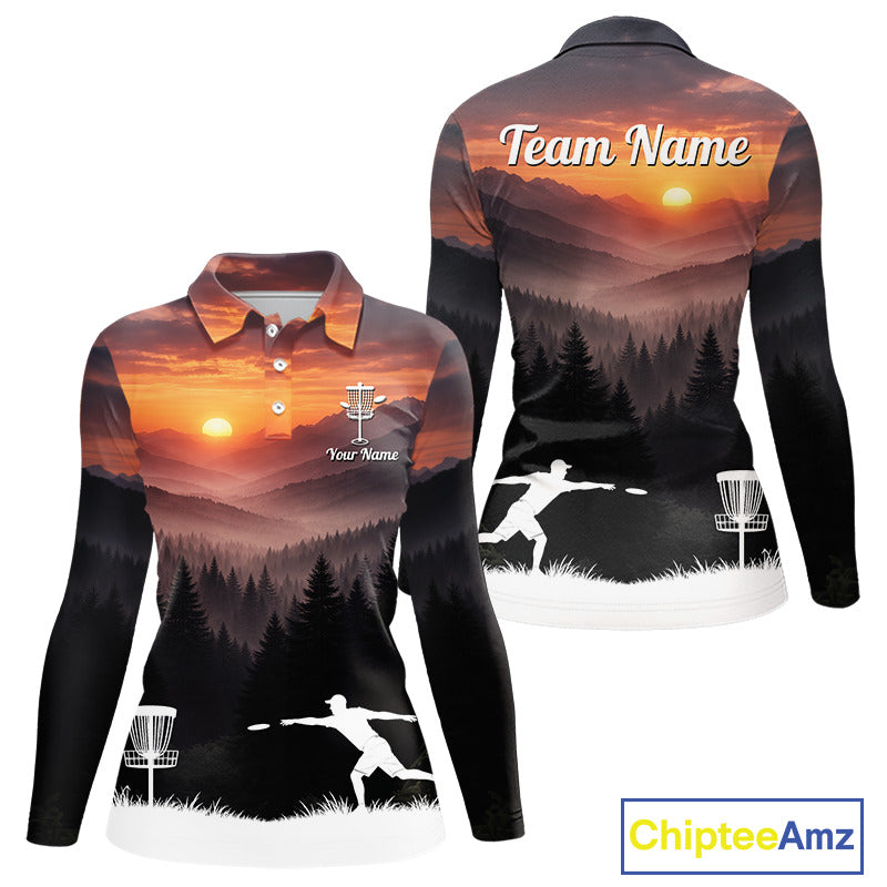 Womens Disc Golf Shirts Custom Mountain Sunset Polo, Lightweight Performance Wear Team Disc Golf Apparel NHT802