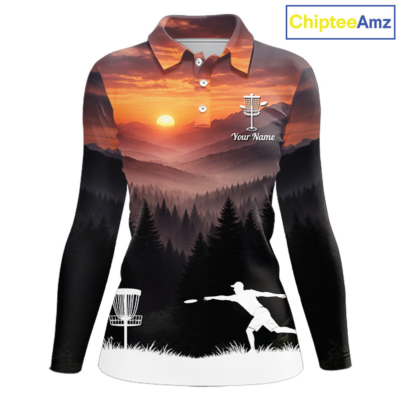 Womens Disc Golf Shirts Custom Mountain Sunset Polo, Lightweight Performance Wear Team Disc Golf Apparel NHT802