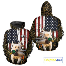 Load image into Gallery viewer, Mallard Duck Hunting Shirt Personalized Camo With Dog Yellow Lab US Flag Hunting Clothes NHT166