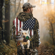 Load image into Gallery viewer, Mallard Duck Hunting Shirt Personalized Camo With Dog Yellow Lab US Flag Hunting Clothes NHT166