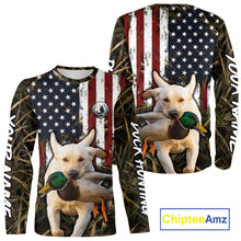 Load image into Gallery viewer, Mallard Duck Hunting Shirt Personalized Camo With Dog Yellow Lab US Flag Hunting Clothes NHT166