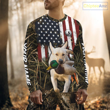 Load image into Gallery viewer, Mallard Duck Hunting Shirt Personalized Camo With Dog Yellow Lab US Flag Hunting Clothes NHT166