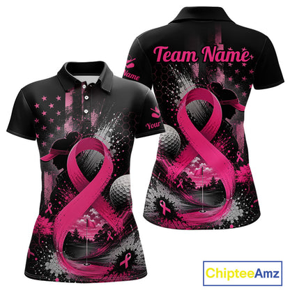 Customizable black short-sleeve polo shirt with a pink and gray awareness ribbon design, golf ball pattern, and 'Team Name' placeholder text on the back, shown in front and back views.