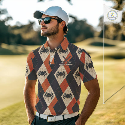 A man wearing a custom short-sleeve polo shirt with an argyle spider pattern, a white cap, and sunglasses, standing on a golf course with a flag in the background