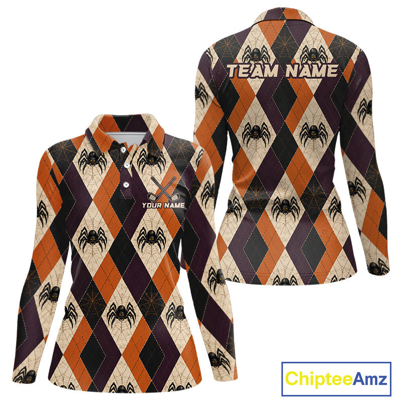 Front and back views of a long-sleeve collared shirt with a Halloween argyle pattern featuring orange, black, and beige diamonds with spider motifs. The back view has 'TEAM NAME' printed across the shoulders, and the front has a mock button placket and 'YOUR NAME' text on the chest.