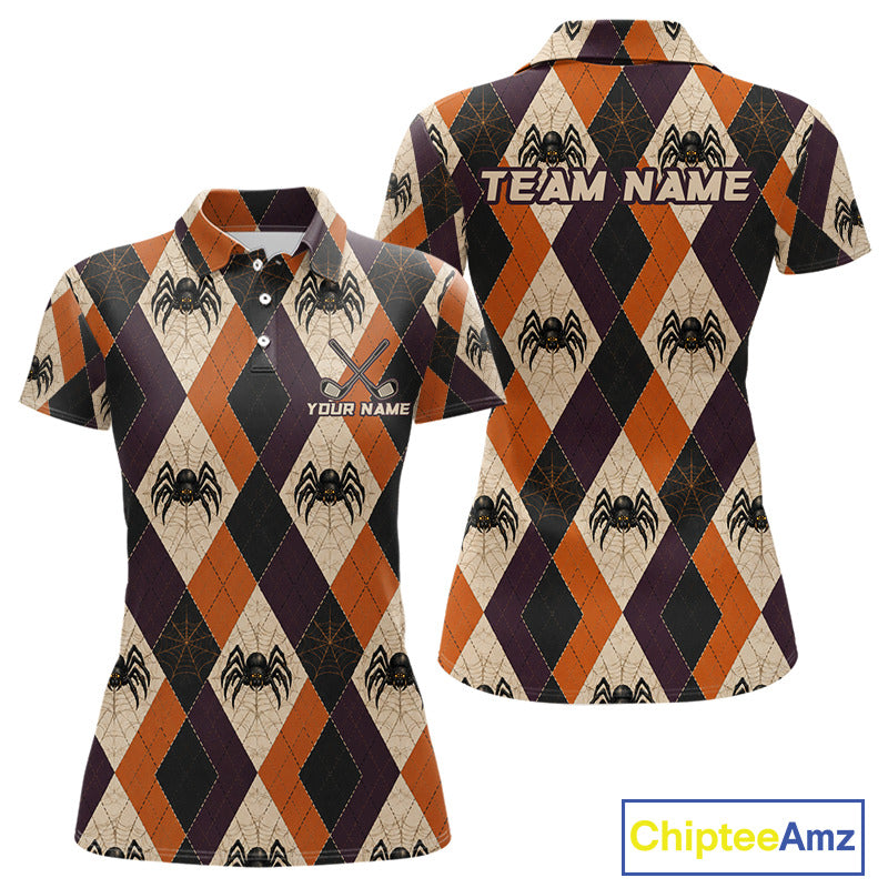 A women's short-sleeve polo shirt shown from the front and back, featuring a Halloween-themed argyle pattern with orange, black, and beige diamonds, spider motifs, and customizable text placeholders 'TEAM NAME' and 'YOUR NAME'. A 'ChipteeAmz' logo is visible in the bottom right corner.