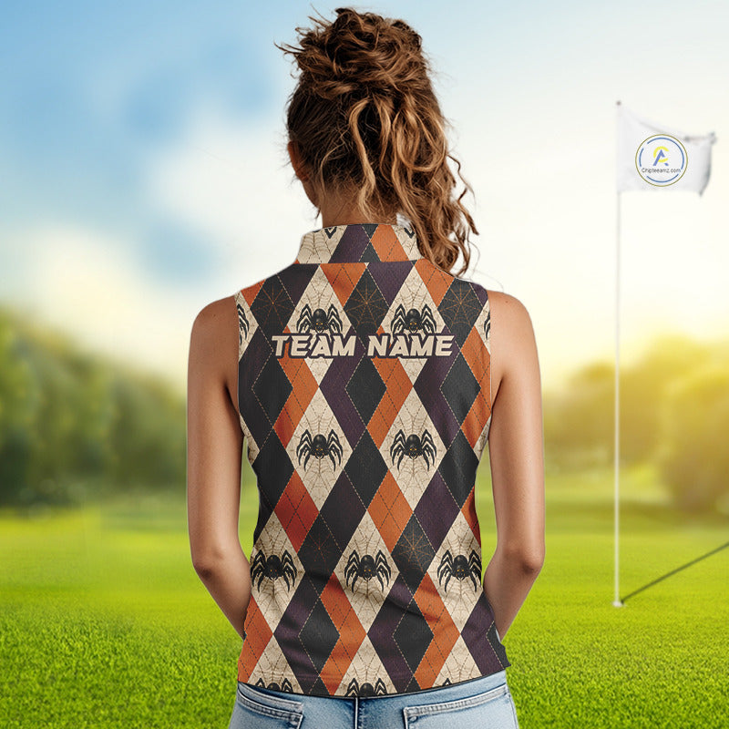 A woman viewed from behind wearing a sleeveless high-neck top with a Halloween-themed argyle pattern of black spiders on beige, orange, and dark brown diamonds. The back of the shirt features the text 'TEAM NAME' in white.