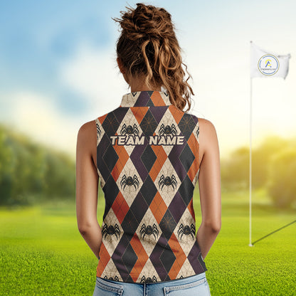 A woman viewed from behind wearing a sleeveless high-neck top with a Halloween-themed argyle pattern of black spiders on beige, orange, and dark brown diamonds. The back of the shirt features the text 'TEAM NAME' in white.