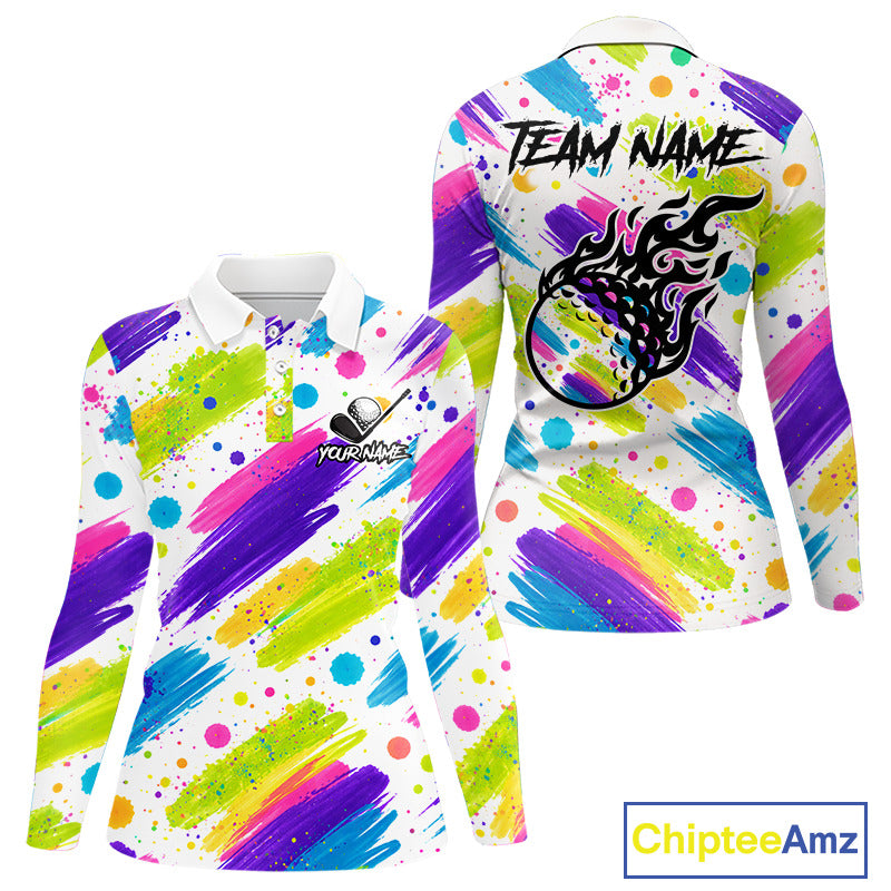 Personalized Colorful Paint Stroke Womens Golf Polo Shirt Flaming Golf Ball Custom Best Team Golf Shirts NHT624