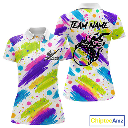 Personalized Colorful Paint Stroke Womens Golf Polo Shirt Flaming Golf Ball Custom Best Team Golf Shirts NHT624