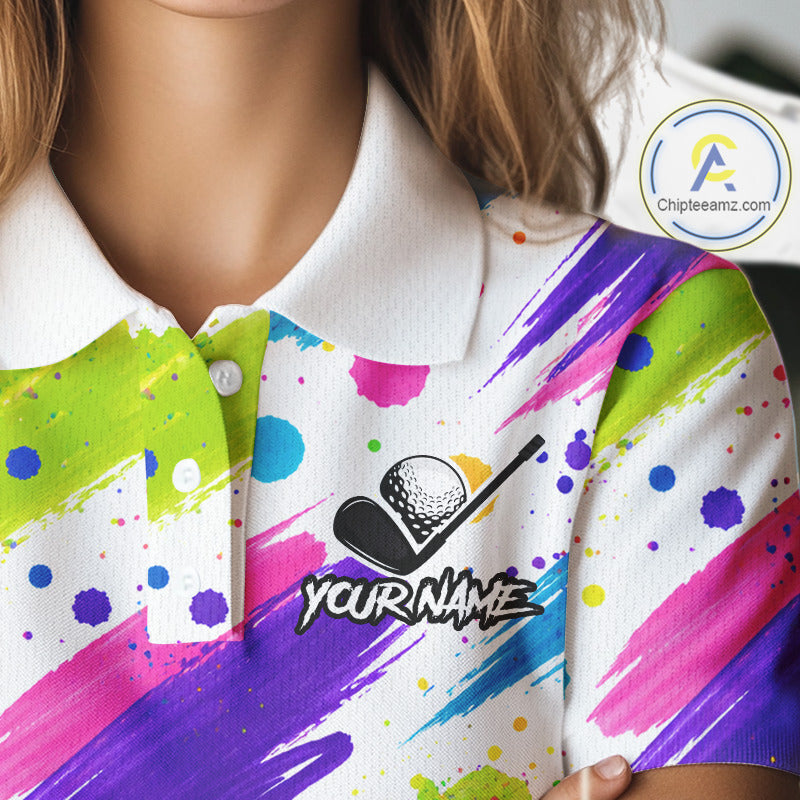 Personalized Colorful Paint Stroke Womens Golf Polo Shirt Flaming Golf Ball Custom Best Team Golf Shirts NHT624