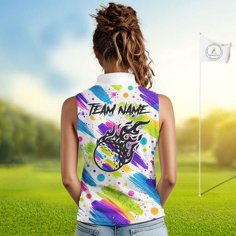 Personalized Colorful Paint Stroke Sleeveless Golf Polo Shirt Flaming Golf Ball Custom Best Team Golf Shirts NHT624