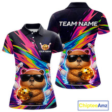 Load image into Gallery viewer, Colorful polo shirt with bear design and customizable text on a white background