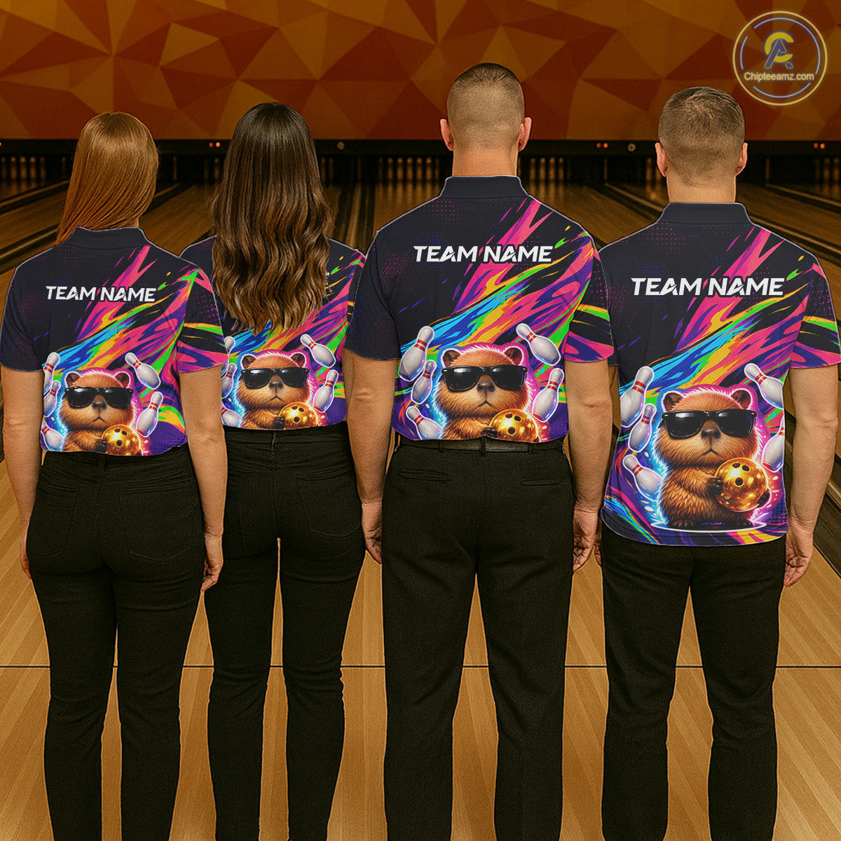 Funny Capybara Bowling Team Polo Shirt, 1/4 Zip For Women Custom Name Neon Color Bowling Jersey NHT1157