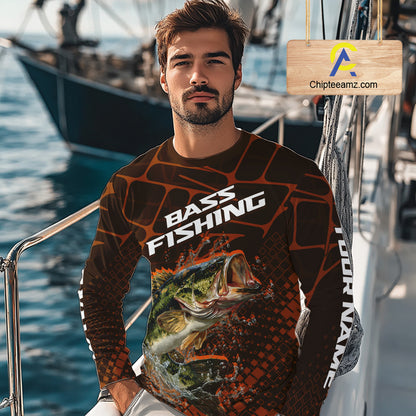 Largemouth Bass Fishing, Fishing Shirts Long Sleeve Scale, Fishing Gift | Orange NHT393