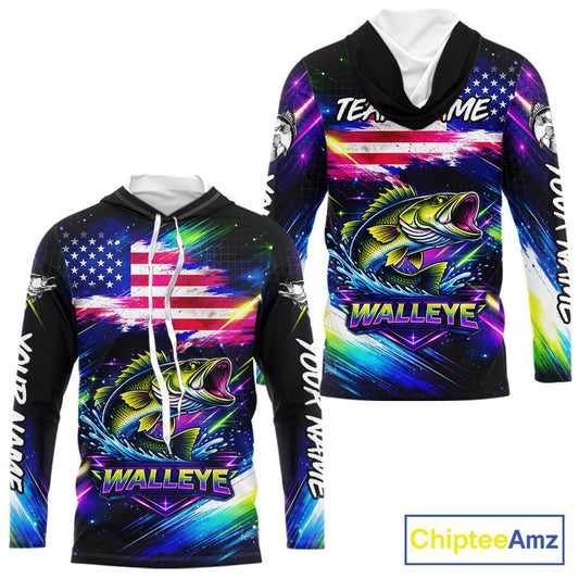 Personalized Walleye Fishing Jerseys, Custom American Flag Fishing Shirts Long Sleeve Hooded For Men NHT637