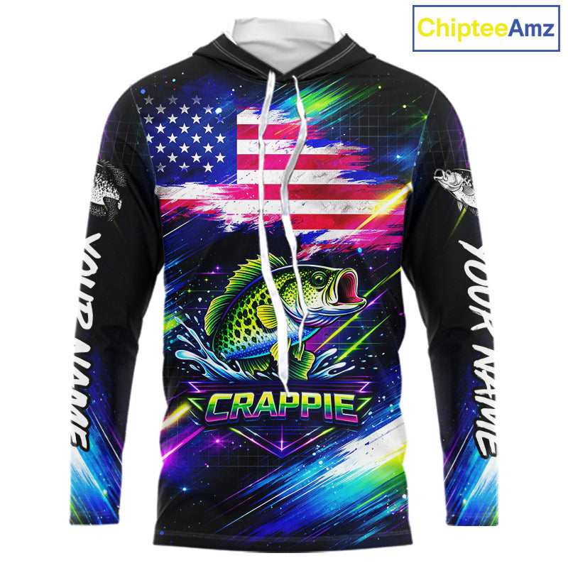 Personalized Crappie Fishing Jerseys, Custom American Flag Fishing Shirts Long Sleeve Hooded For Men NHT638