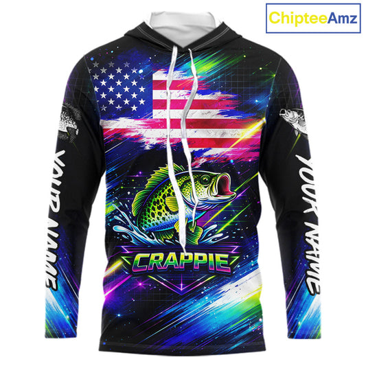 Personalized Crappie Fishing Jerseys, Custom American Flag Fishing Shirts Long Sleeve Hooded For Men NHT638
