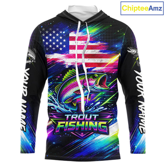 Personalized Rainbow Trout Fishing Jerseys, Custom American Flag Hooded Fishing Shirts Long Sleeve For Men NHT639