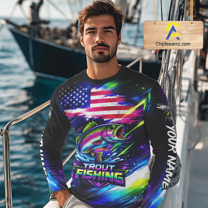 Personalized Rainbow Trout Fishing Jerseys, Custom American Flag Fishing Shirts Long Sleeve For Men NHT639