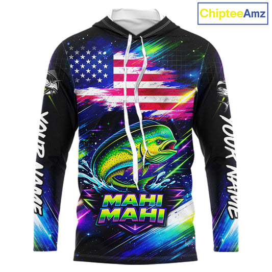 Personalized Mahi Mahi Fishing Jerseys, Custom American Flag Hooded Fishing Shirts Long Sleeve For Men NHT640