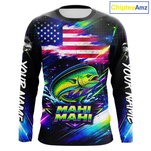 Personalized Mahi Mahi Fishing Jerseys, Custom American Flag Fishing Shirts Long Sleeve For Men NHT640