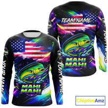 Load image into Gallery viewer, Personalized Mahi Mahi Fishing Jerseys, Custom American Flag Fishing Shirts Long Sleeve For Men NHT640