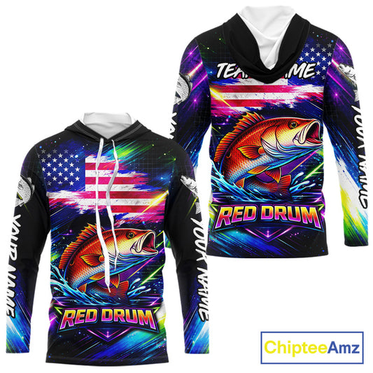 Personalized Redfish Fishing Jerseys, Custom American Flag Hooded Fishing Shirts Long Sleeve For Men NHT641