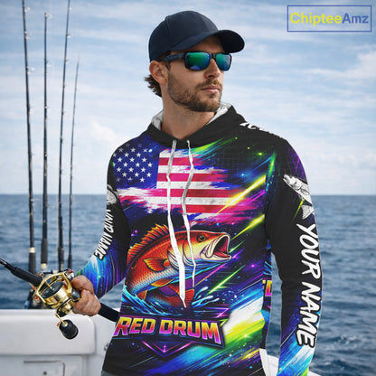 Personalized Redfish Fishing Jerseys, Custom American Flag Hooded Fishing Shirts Long Sleeve For Men NHT641