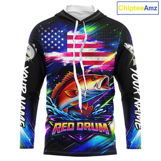 Personalized Redfish Fishing Jerseys, Custom American Flag Hooded Fishing Shirts Long Sleeve For Men NHT641