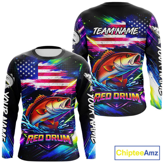 Personalized Redfish Fishing Jerseys, Custom American Flag Fishing Shirts Long Sleeve For Men NHT641
