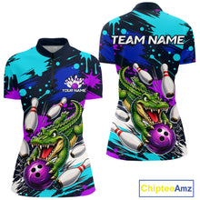Load image into Gallery viewer, Bowling-themed shirt with alligator design and customizable text on a white background